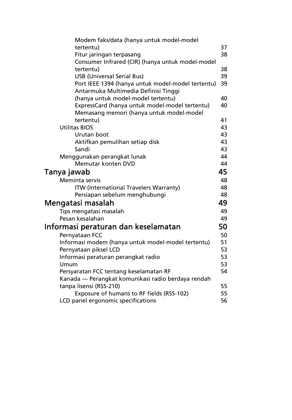 Tanya jawab 45, Mengatasi masalah 49, Informasi peraturan dan keselamatan 50 | Acer TravelMate 4750 User Manual | Page 2153 / 2286