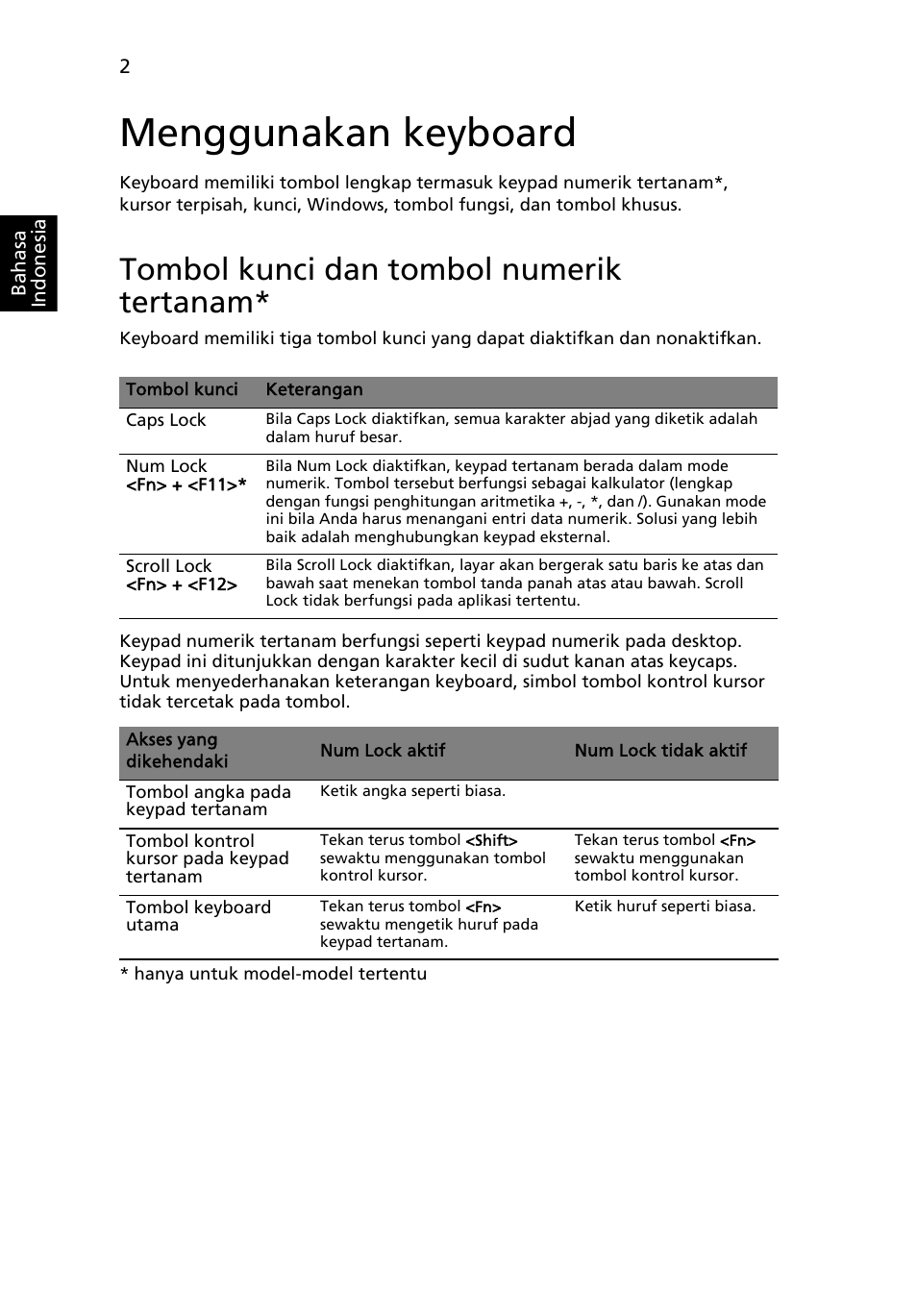 Menggunakan keyboard, Tombol kunci dan tombol numerik tertanam | Acer TravelMate 4750 User Manual | Page 2156 / 2286