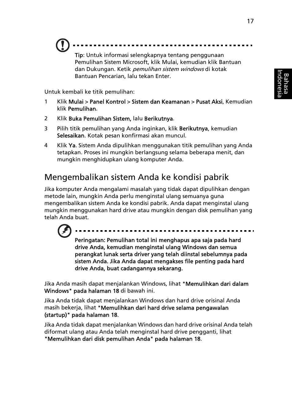 Mengembalikan sistem anda ke kondisi pabrik | Acer TravelMate 4750 User Manual | Page 2171 / 2286