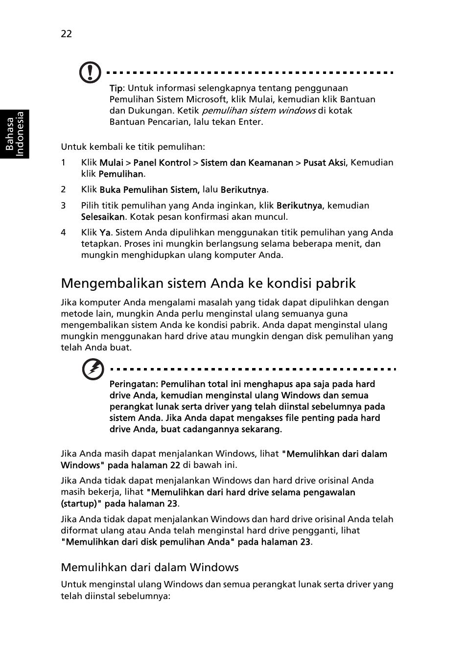 Mengembalikan sistem anda ke kondisi pabrik | Acer TravelMate 4750 User Manual | Page 2176 / 2286