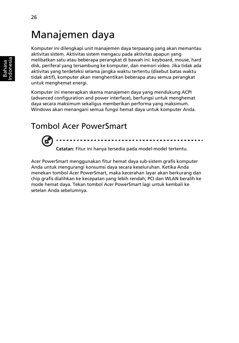 Manajemen daya, Tombol acer powersmart | Acer TravelMate 4750 User Manual | Page 2180 / 2286