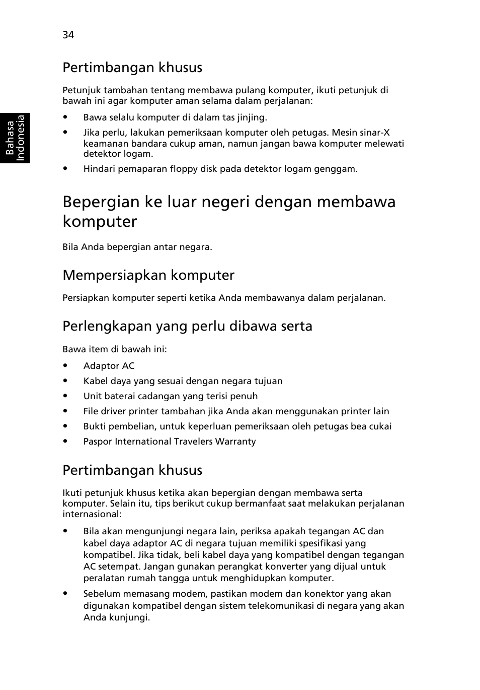 Bepergian ke luar negeri dengan membawa komputer, Pertimbangan khusus, Mempersiapkan komputer | Perlengkapan yang perlu dibawa serta | Acer TravelMate 4750 User Manual | Page 2188 / 2286