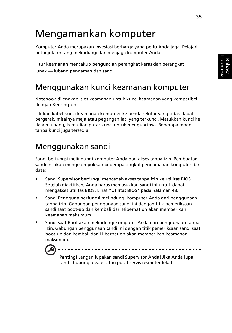 Mengamankan komputer, Menggunakan kunci keamanan komputer, Menggunakan sandi | Acer TravelMate 4750 User Manual | Page 2189 / 2286