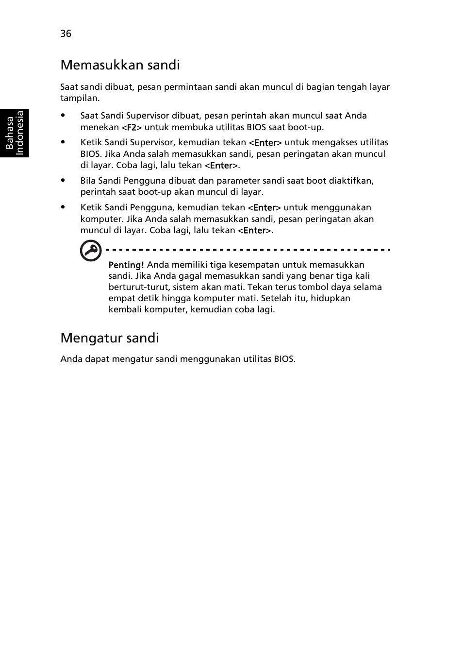 Memasukkan sandi, Mengatur sandi | Acer TravelMate 4750 User Manual | Page 2190 / 2286