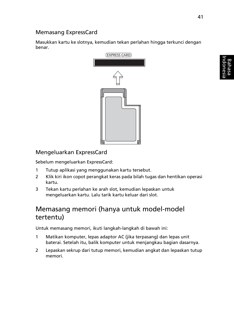 Memasang memori (hanya untuk model-model tertentu) | Acer TravelMate 4750 User Manual | Page 2195 / 2286