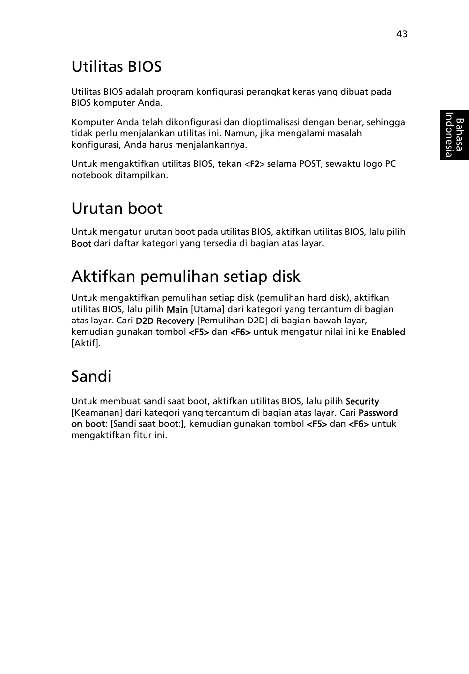 Utilitas bios, Urutan boot, Aktifkan pemulihan setiap disk | Sandi | Acer TravelMate 4750 User Manual | Page 2197 / 2286