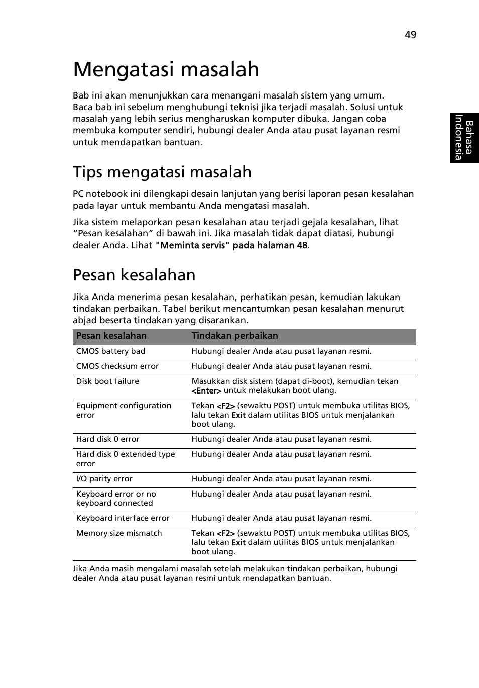 Mengatasi masalah, Tips mengatasi masalah, Pesan kesalahan | Acer TravelMate 4750 User Manual | Page 2203 / 2286