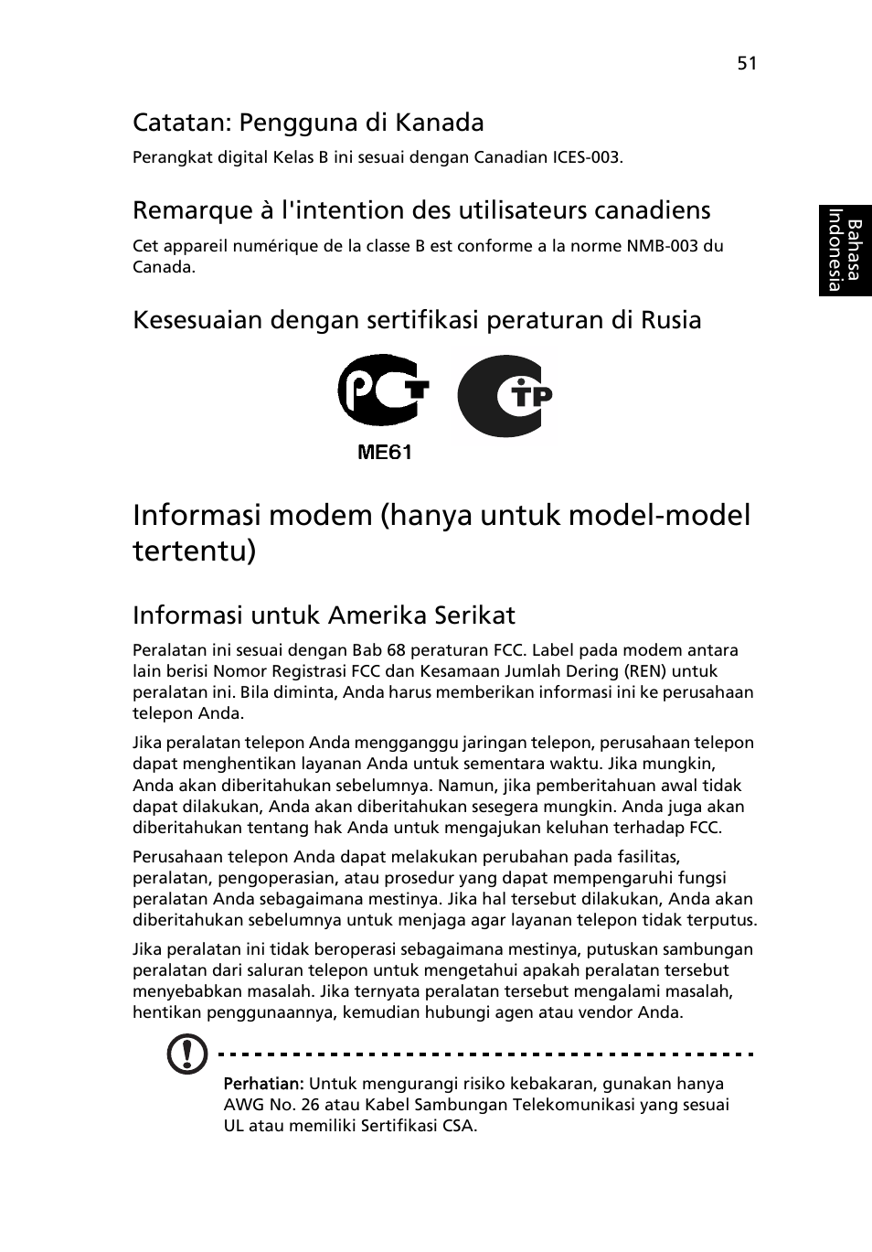 Informasi modem (hanya untuk model-model tertentu), Catatan: pengguna di kanada, Remarque à l'intention des utilisateurs canadiens | Kesesuaian dengan sertifikasi peraturan di rusia, Informasi untuk amerika serikat | Acer TravelMate 4750 User Manual | Page 2205 / 2286