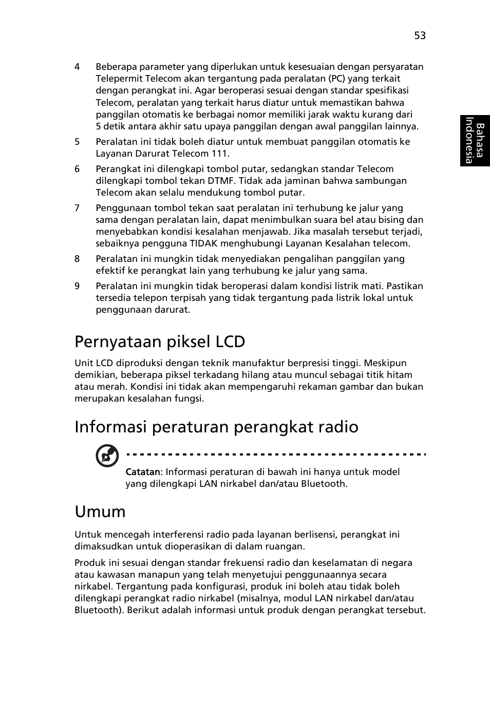 Pernyataan piksel lcd, Informasi peraturan perangkat radio, Umum | Acer TravelMate 4750 User Manual | Page 2207 / 2286