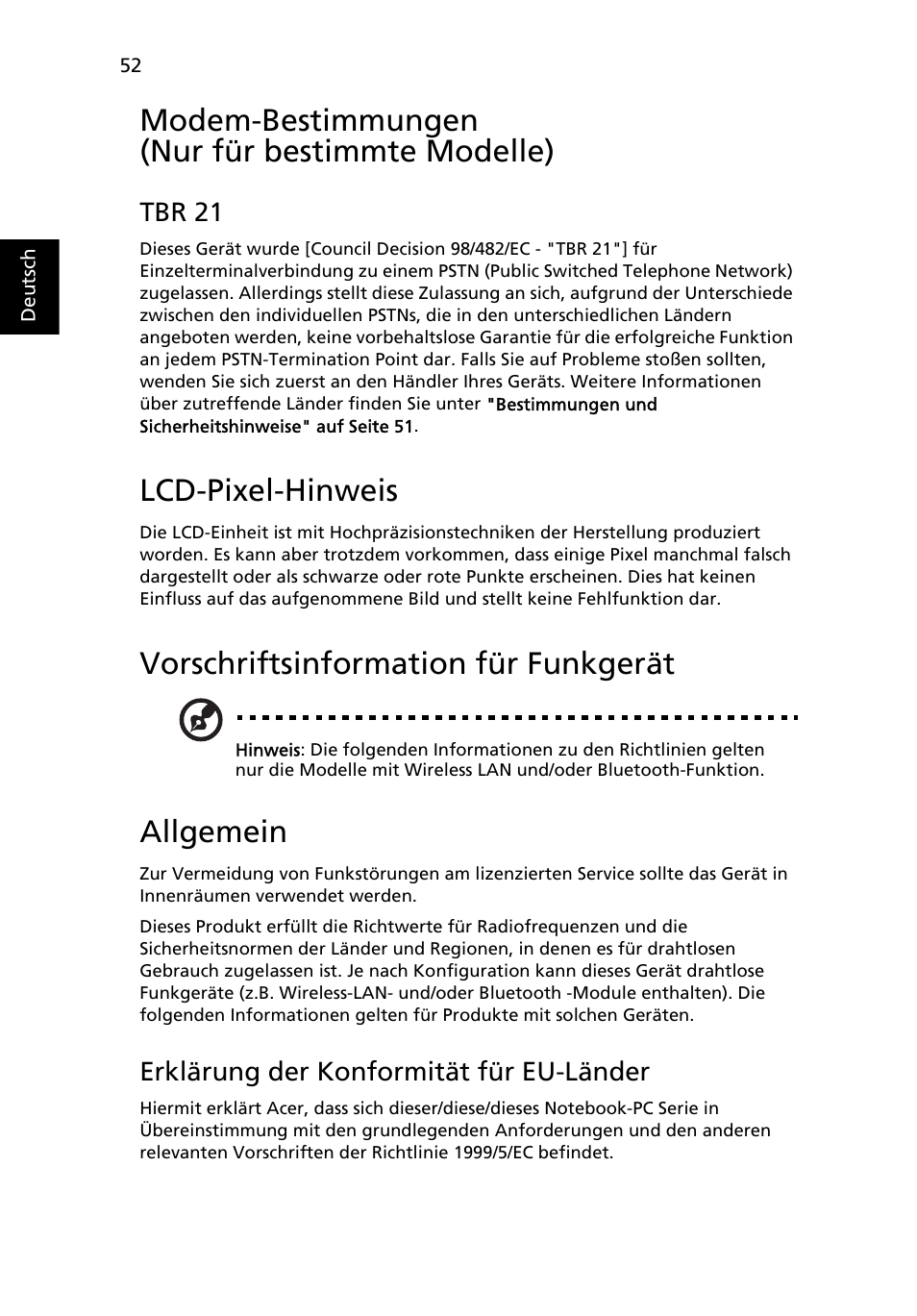 Modem-bestimmungen (nur für bestimmte modelle), Lcd-pixel-hinweis, Vorschriftsinformation für funkgerät | Allgemein, Tbr 21, Erklärung der konformität für eu-länder | Acer TravelMate 4750 User Manual | Page 222 / 2286