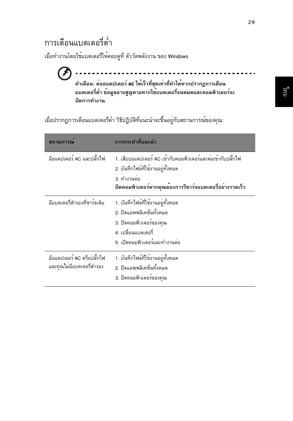 การเตือนแบตเตอรี่ต่ำ, Òãàµ×í¹áºµàµíãõèµèó | Acer TravelMate 4750 User Manual | Page 2259 / 2286