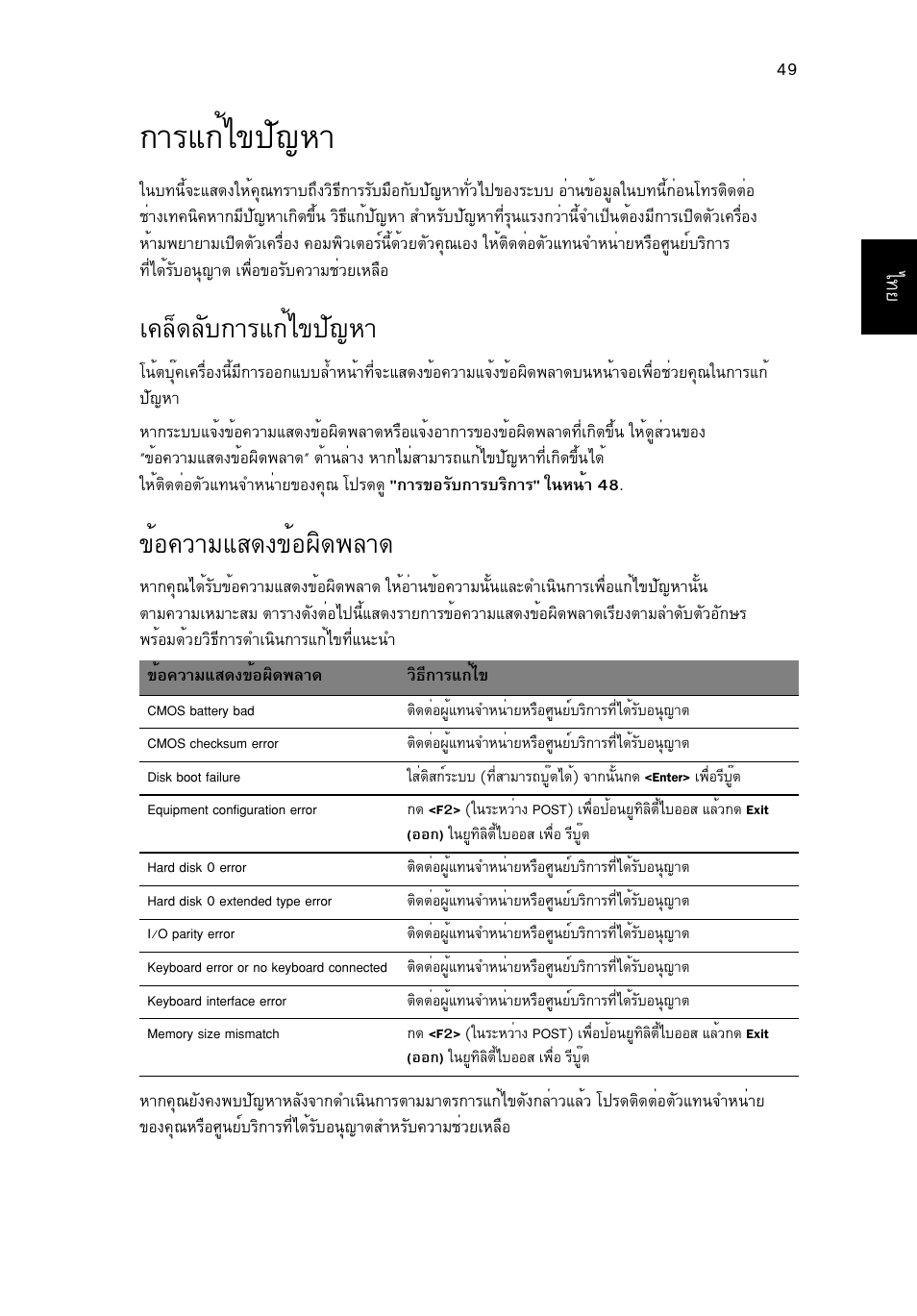 การแก้ไขปัญหา, เคล็ดลับการแก้ไขปัญหา, ข้อความแสดงข้อผิดพลาด | Тгб¡йд¢»с−лт, А¤ез´есº¡тгб¡йд¢»с−лт, Йн¤зтббк´§¢йн¼ф´¾ет | Acer TravelMate 4750 User Manual | Page 2279 / 2286