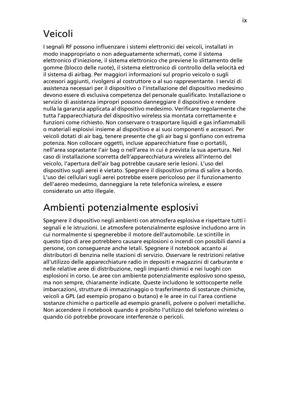 Veicoli, Ambienti potenzialmente esplosivi | Acer TravelMate 4750 User Manual | Page 235 / 2286