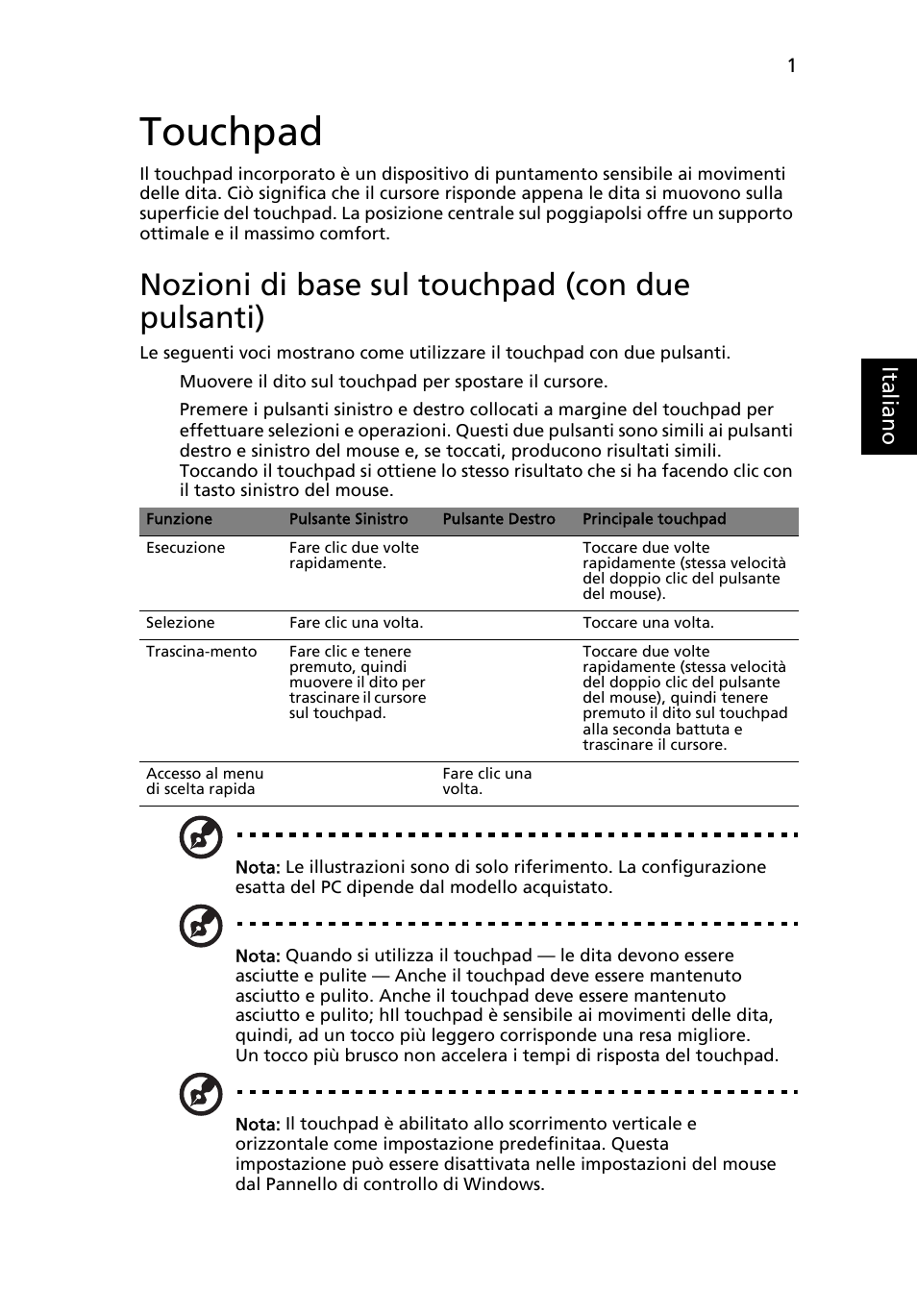 Touchpad, Nozioni di base sul touchpad (con due pulsanti), Ital ia no | Acer TravelMate 4750 User Manual | Page 247 / 2286