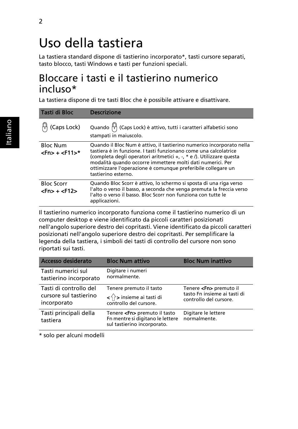 Uso della tastiera, Bloccare i tasti e il tastierino numerico incluso | Acer TravelMate 4750 User Manual | Page 248 / 2286