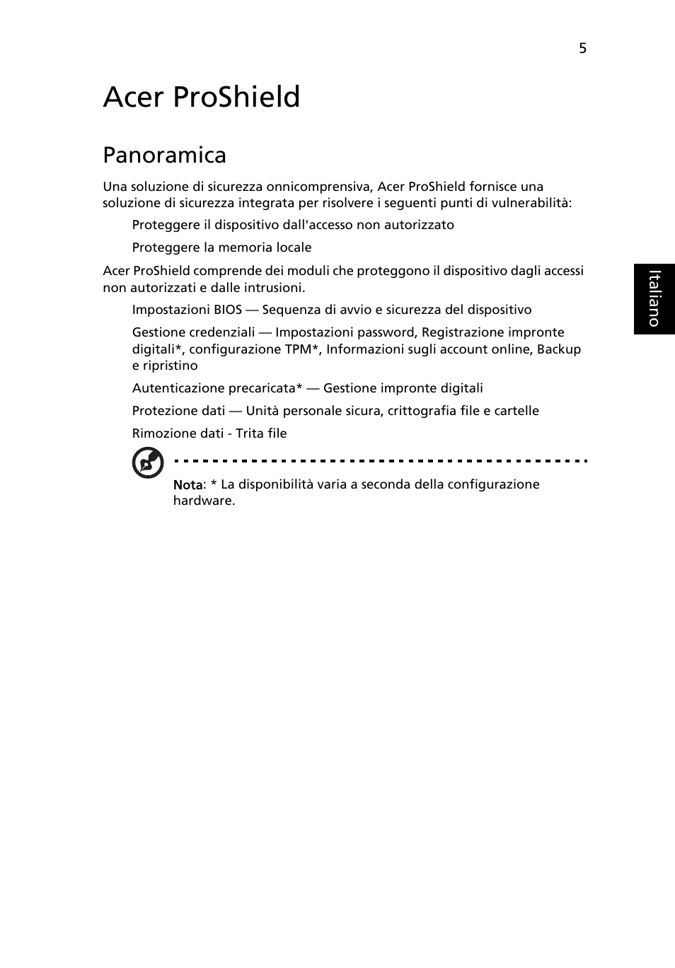 Acer proshield, Panoramica | Acer TravelMate 4750 User Manual | Page 251 / 2286