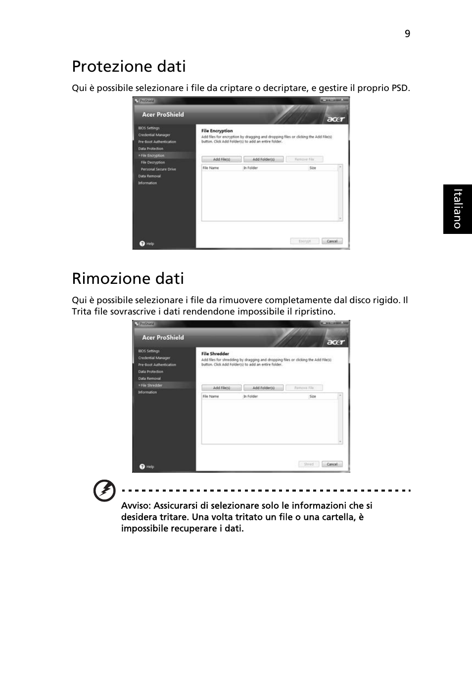 Protezione dati, Rimozione dati | Acer TravelMate 4750 User Manual | Page 255 / 2286