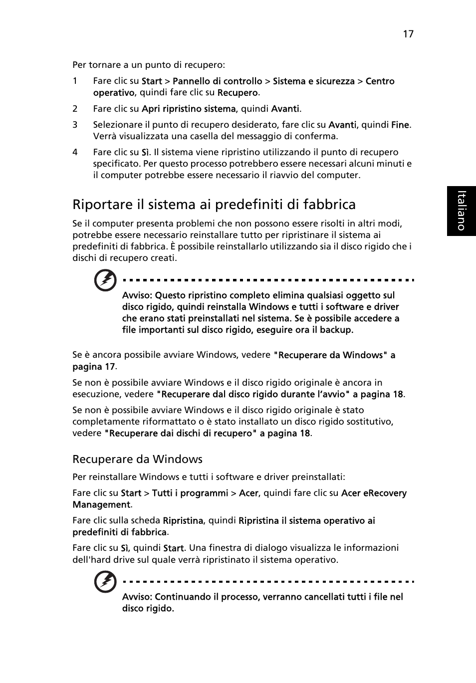 Riportare il sistema ai predefiniti di fabbrica | Acer TravelMate 4750 User Manual | Page 263 / 2286