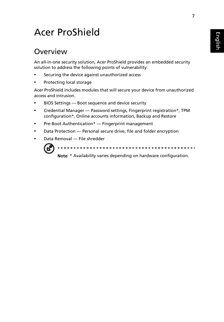 Acer proshield, Overview | Acer TravelMate 4750 User Manual | Page 27 / 2286