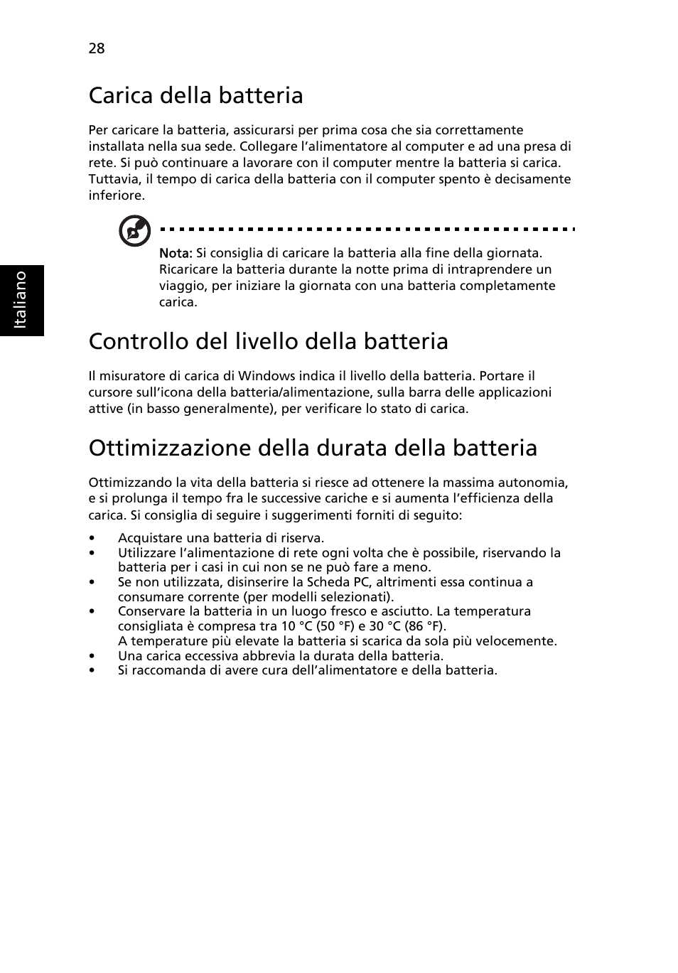 Carica della batteria, Controllo del livello della batteria, Ottimizzazione della durata della batteria | Acer TravelMate 4750 User Manual | Page 274 / 2286