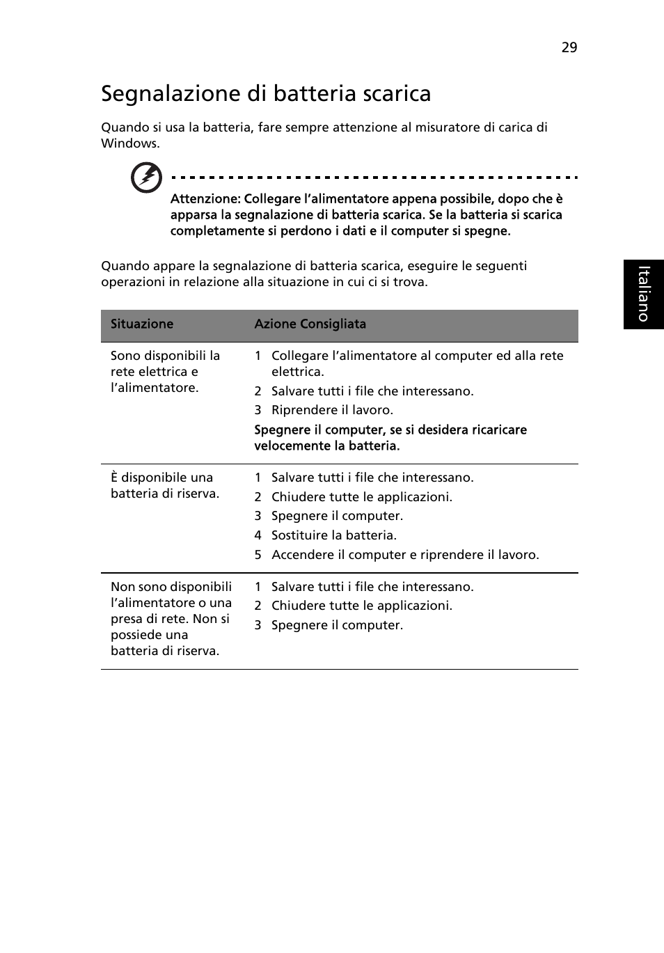 Segnalazione di batteria scarica | Acer TravelMate 4750 User Manual | Page 275 / 2286