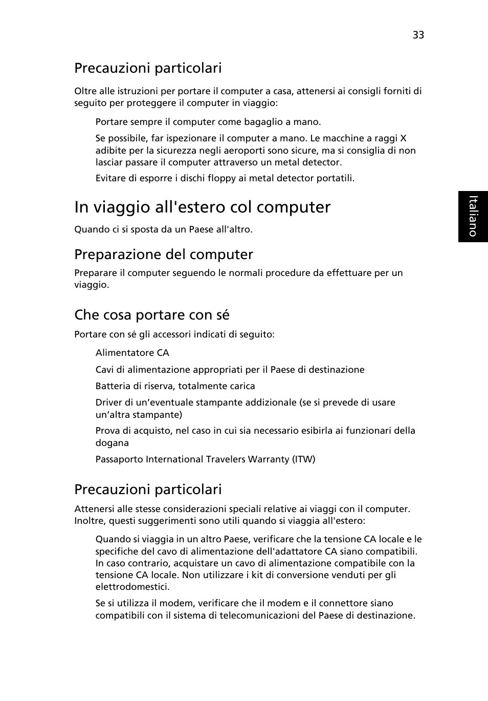 In viaggio all'estero col computer, Precauzioni particolari, Preparazione del computer | Che cosa portare con sé | Acer TravelMate 4750 User Manual | Page 279 / 2286