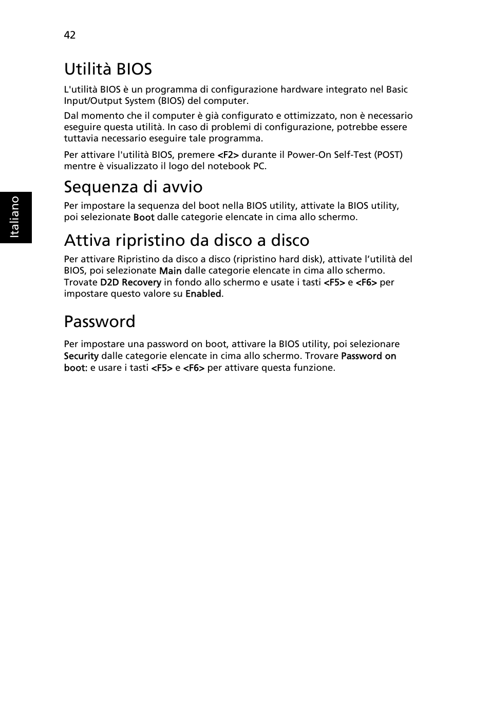 Utilità bios, Sequenza di avvio, Attiva ripristino da disco a disco | Password | Acer TravelMate 4750 User Manual | Page 288 / 2286