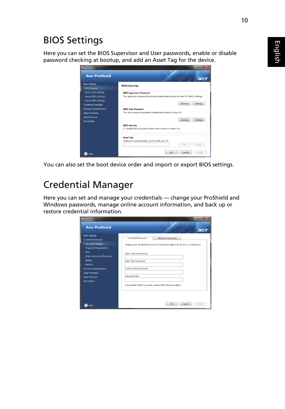 Bios settings, Credential manager | Acer TravelMate 4750 User Manual | Page 30 / 2286