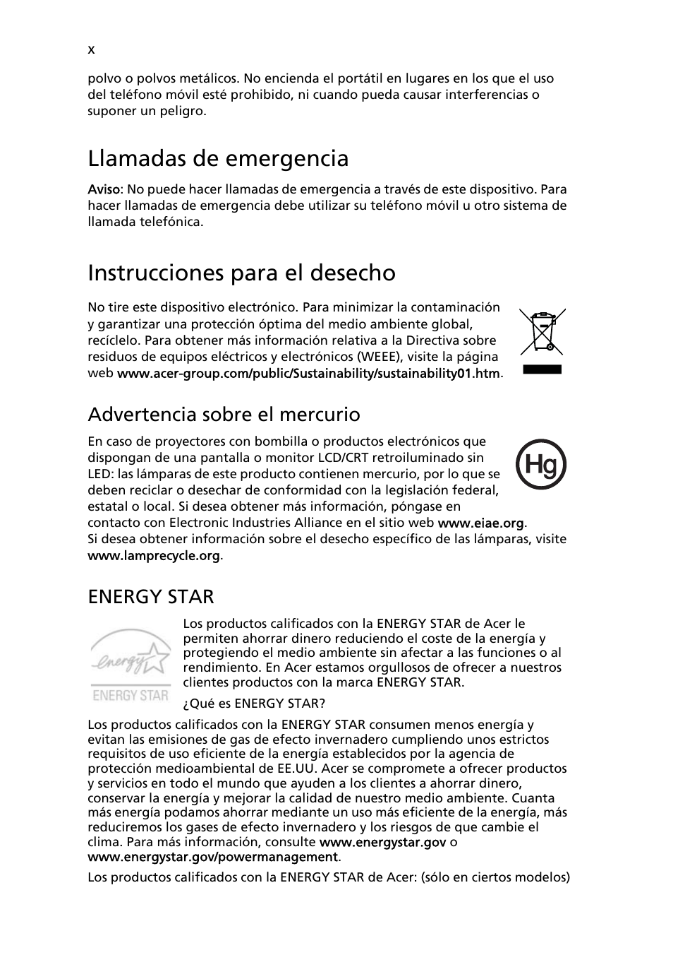 Llamadas de emergencia, Instrucciones para el desecho, Advertencia sobre el mercurio | Energy star | Acer TravelMate 4750 User Manual | Page 310 / 2286