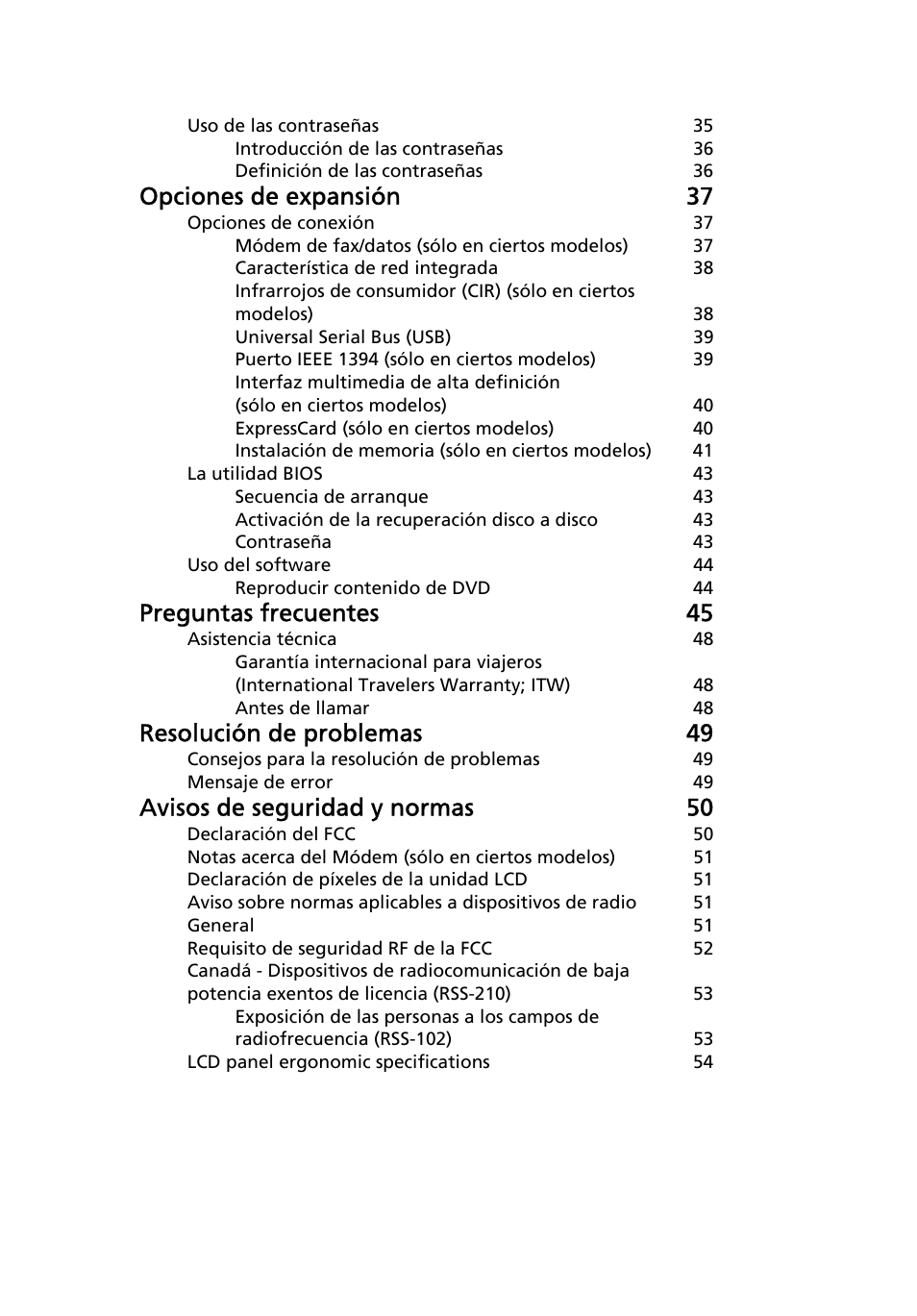 Opciones de expansión 37, Preguntas frecuentes 45, Resolución de problemas 49 | Avisos de seguridad y normas 50 | Acer TravelMate 4750 User Manual | Page 319 / 2286