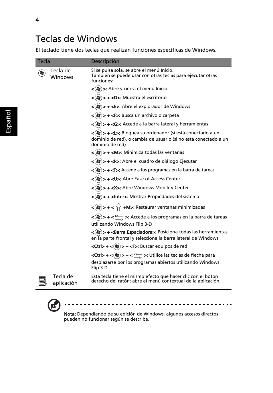 Teclas de windows, Esp añol | Acer TravelMate 4750 User Manual | Page 324 / 2286