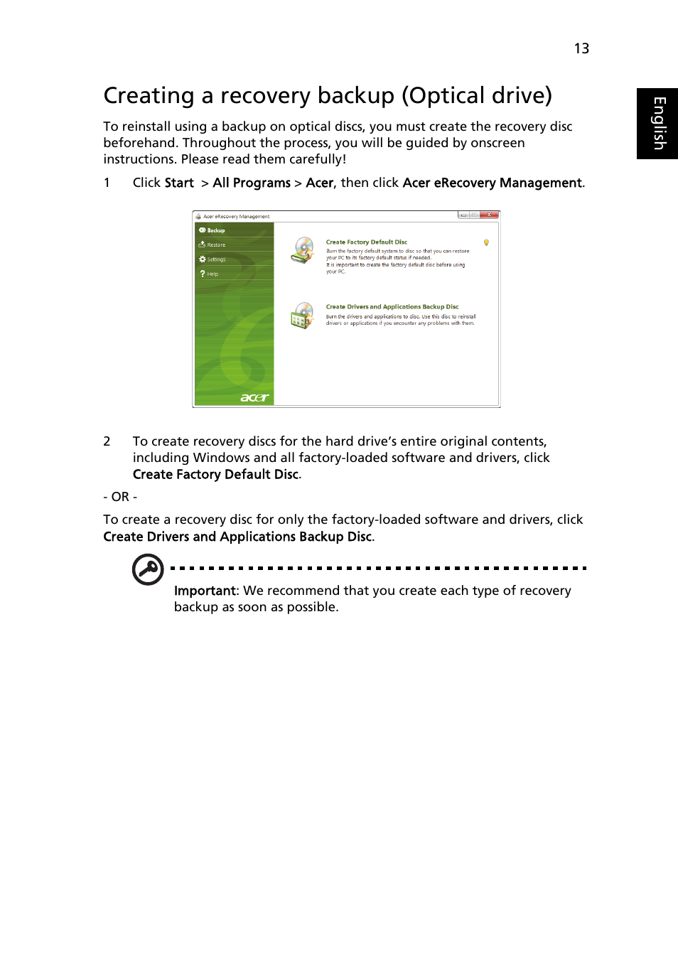 Creating a recovery backup (optical drive) | Acer TravelMate 4750 User Manual | Page 33 / 2286