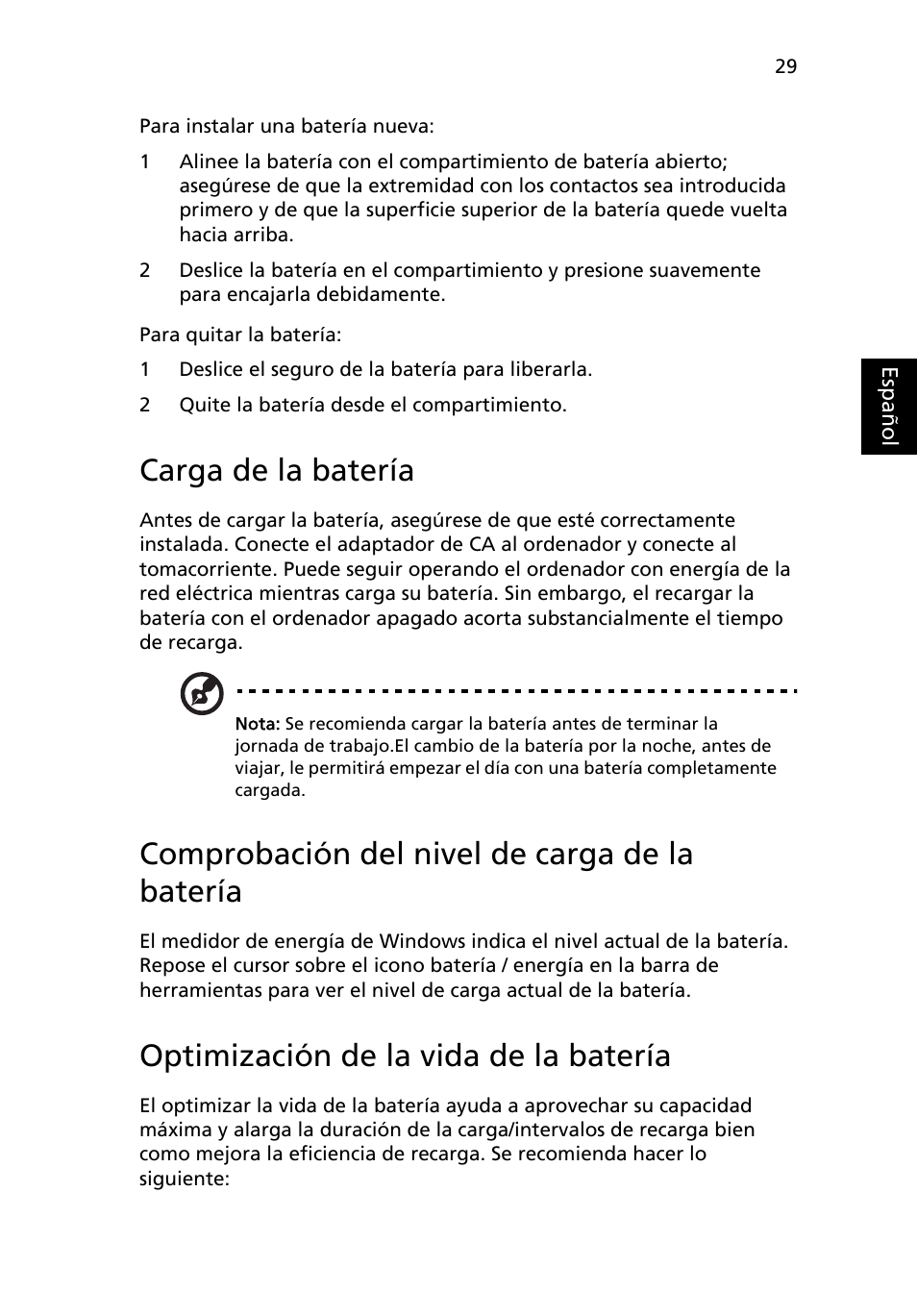 Carga de la batería, Comprobación del nivel de carga de la batería, Optimización de la vida de la batería | Acer TravelMate 4750 User Manual | Page 349 / 2286