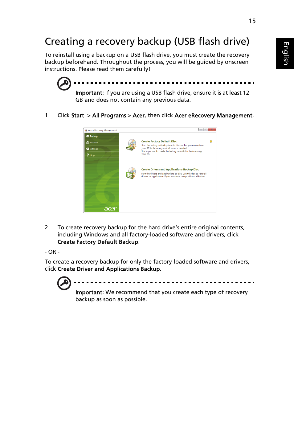 Creating a recovery backup (usb flash drive) | Acer TravelMate 4750 User Manual | Page 35 / 2286