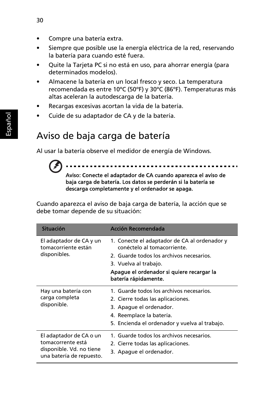 Aviso de baja carga de batería | Acer TravelMate 4750 User Manual | Page 350 / 2286