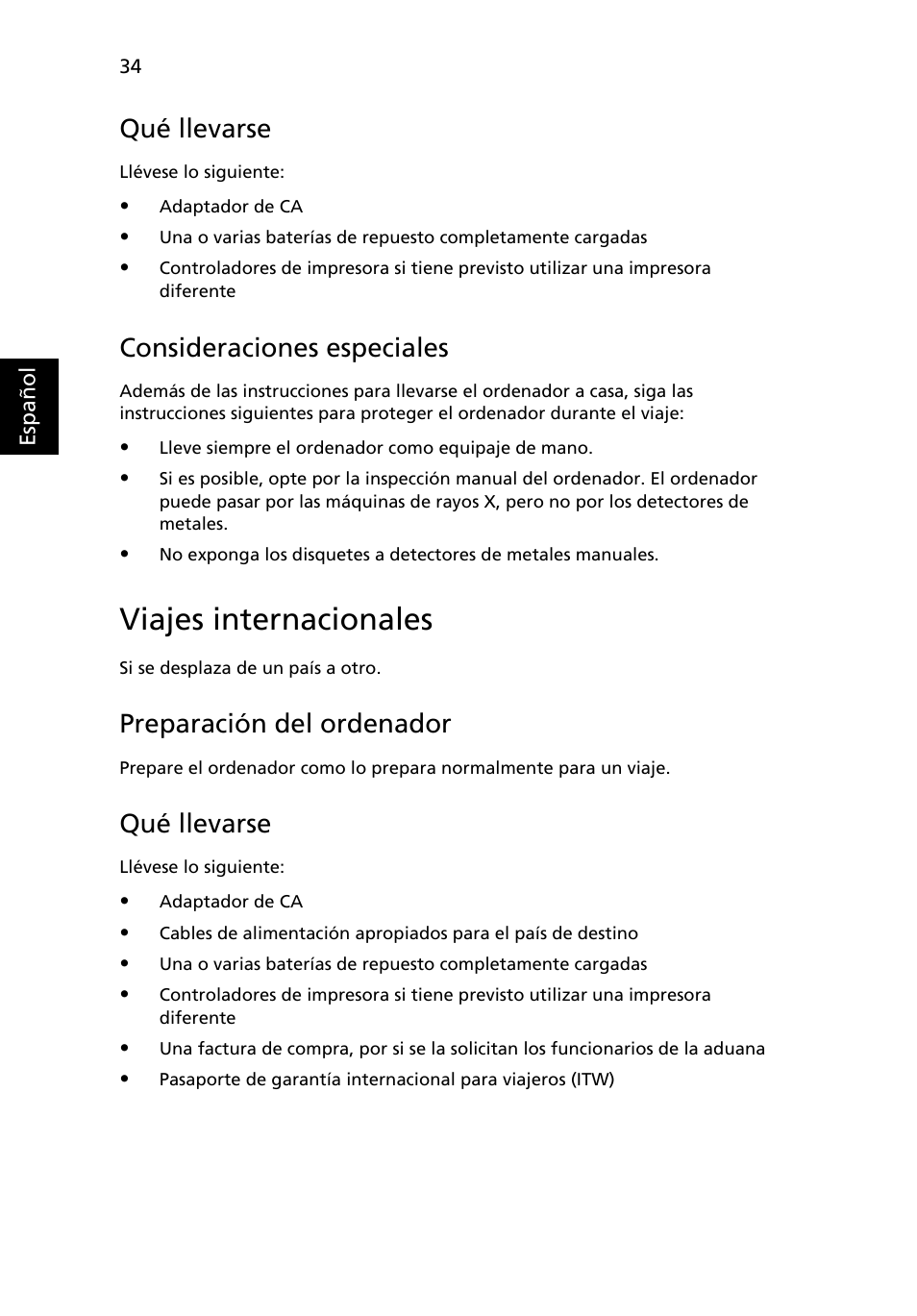 Viajes internacionales, Qué llevarse, Consideraciones especiales | Preparación del ordenador | Acer TravelMate 4750 User Manual | Page 354 / 2286