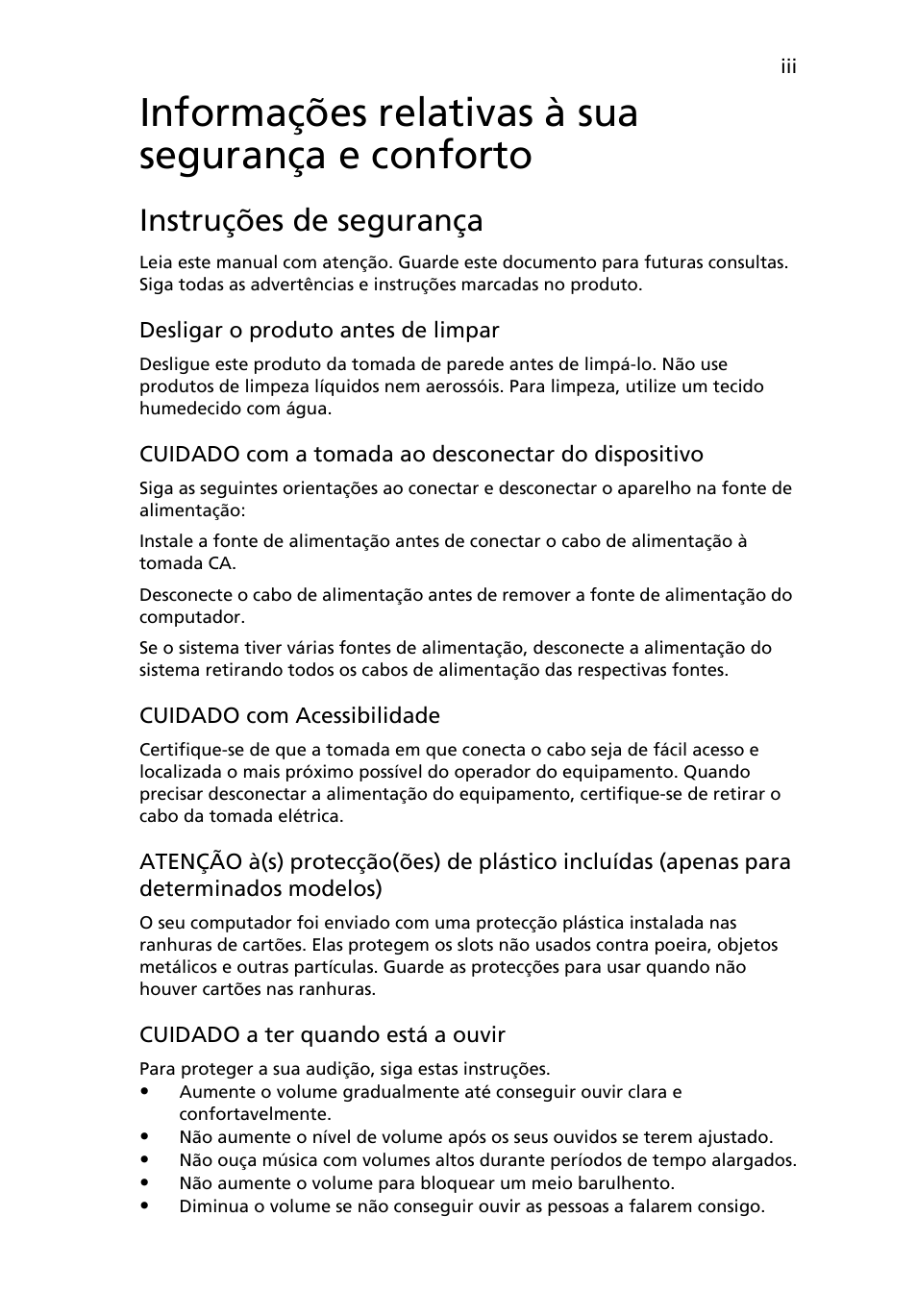 Informações relativas à sua segurança e conforto, Instruções de segurança | Acer TravelMate 4750 User Manual | Page 377 / 2286