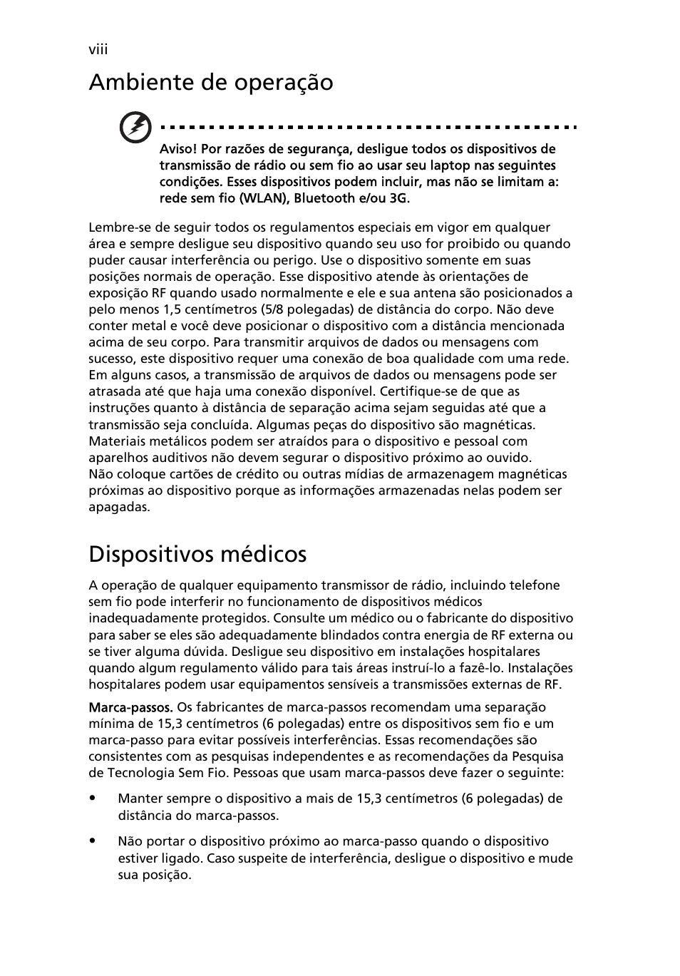 Ambiente de operação, Dispositivos médicos | Acer TravelMate 4750 User Manual | Page 382 / 2286