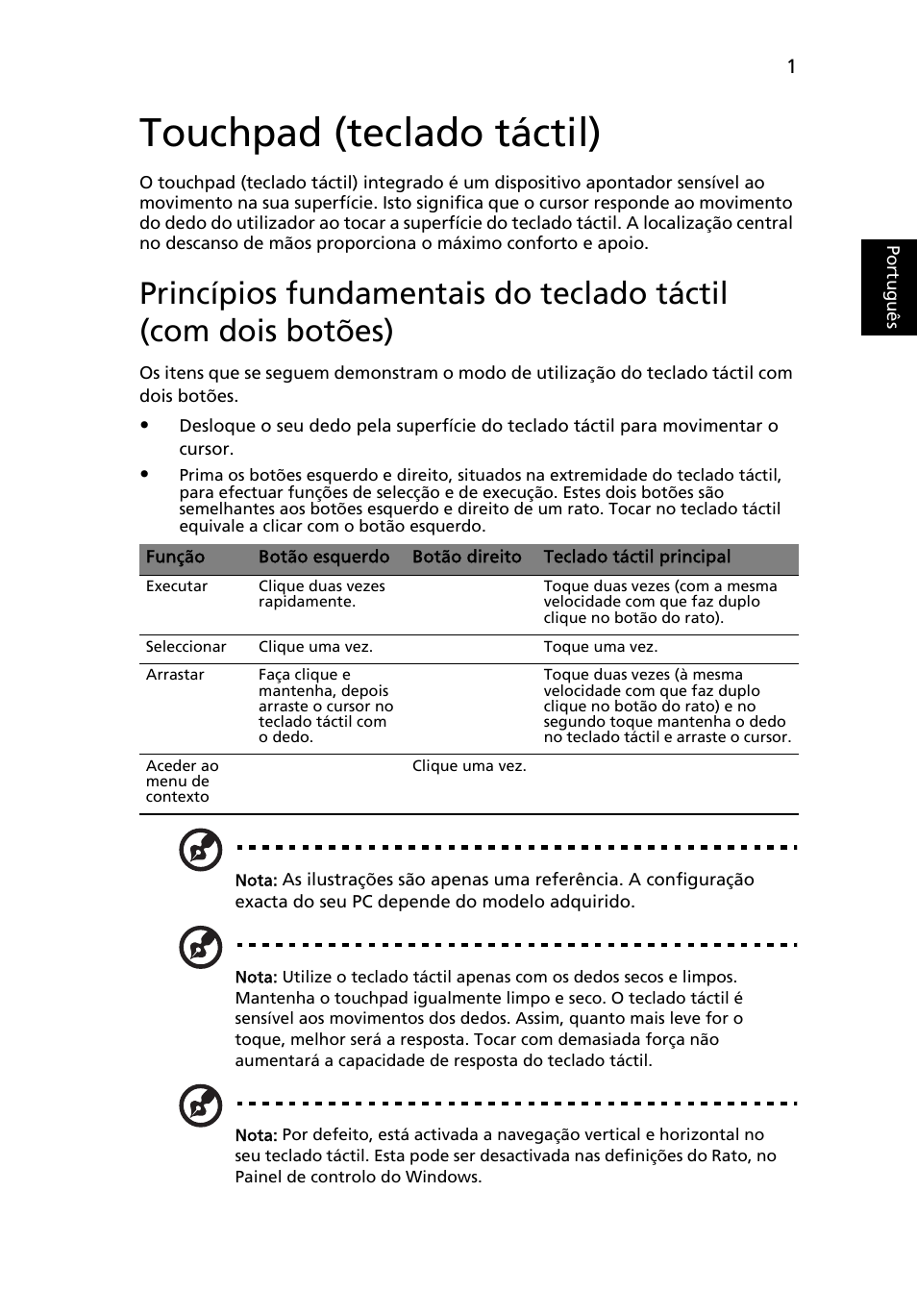 Touchpad (teclado táctil), Portugu ês | Acer TravelMate 4750 User Manual | Page 395 / 2286