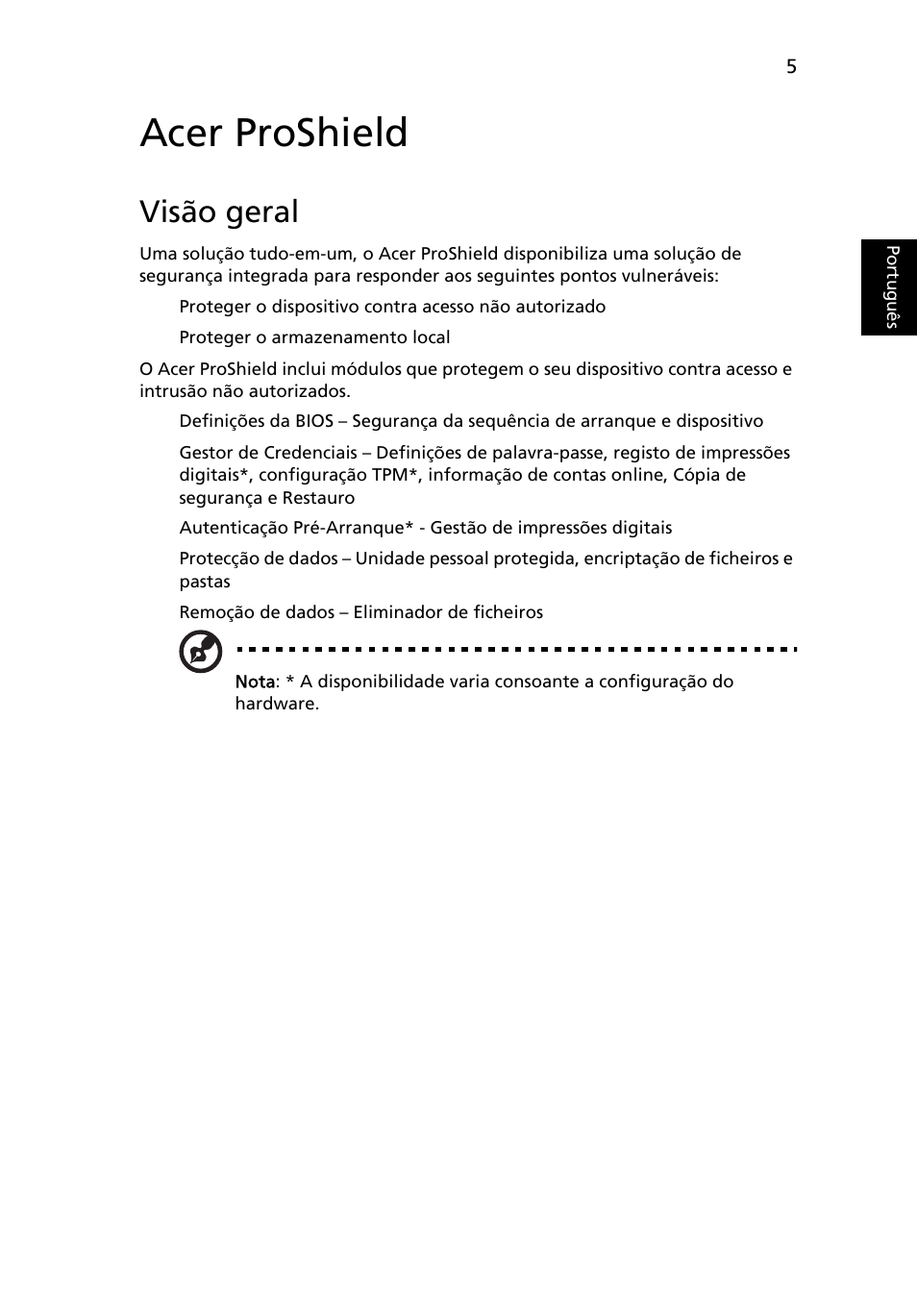 Acer proshield, Visão geral | Acer TravelMate 4750 User Manual | Page 399 / 2286