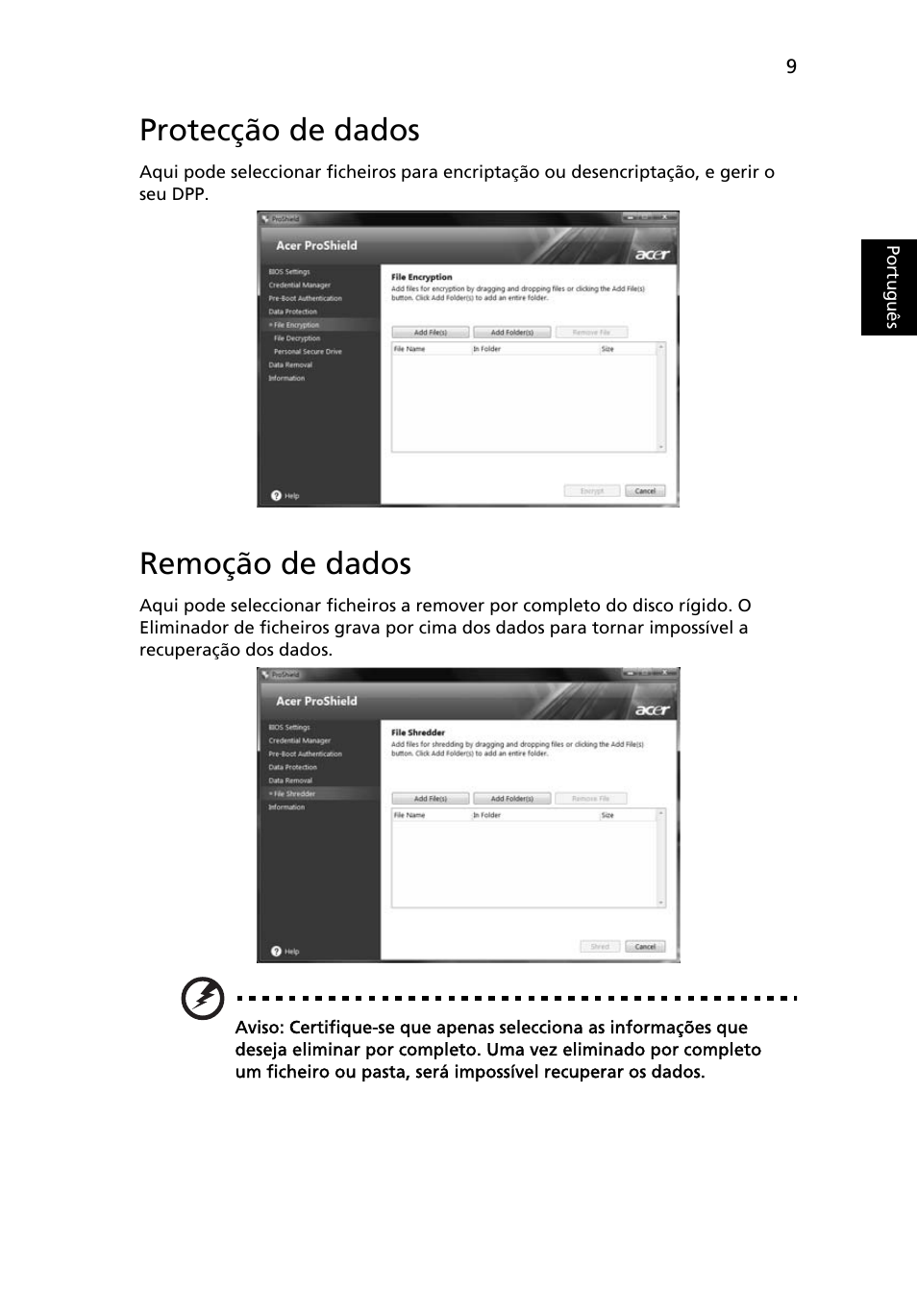 Protecção de dados, Remoção de dados | Acer TravelMate 4750 User Manual | Page 403 / 2286