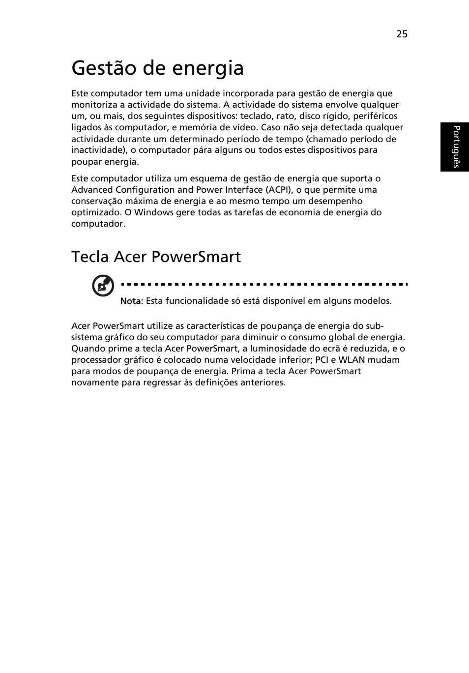 Gestão de energia, Tecla acer powersmart | Acer TravelMate 4750 User Manual | Page 419 / 2286