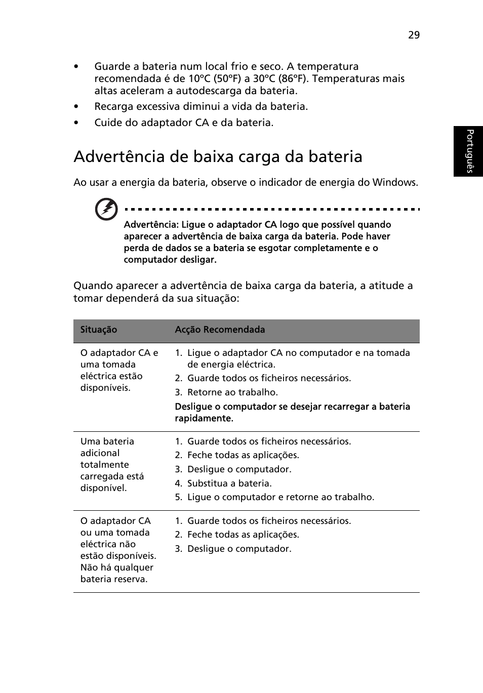 Advertência de baixa carga da bateria | Acer TravelMate 4750 User Manual | Page 423 / 2286