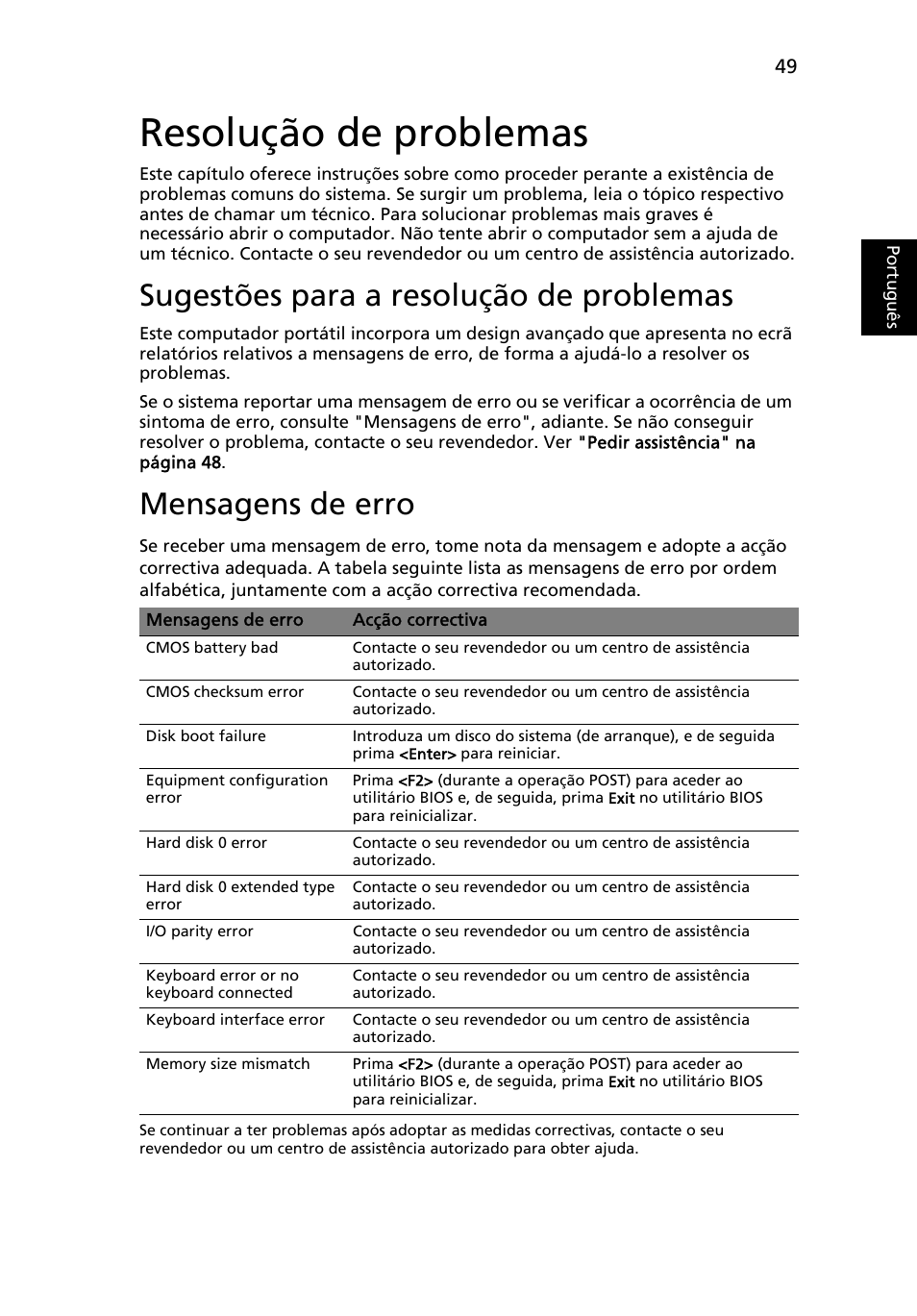 Resolução de problemas, Sugestões para a resolução de problemas, Mensagens de erro | Eng lish portugu ês | Acer TravelMate 4750 User Manual | Page 443 / 2286