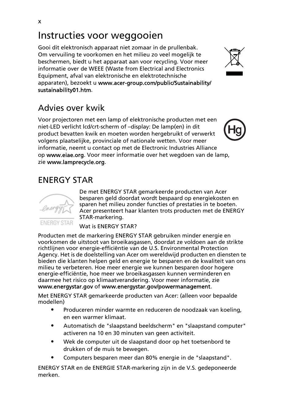 Instructies voor weggooien, Advies over kwik, Energy star | Acer TravelMate 4750 User Manual | Page 458 / 2286