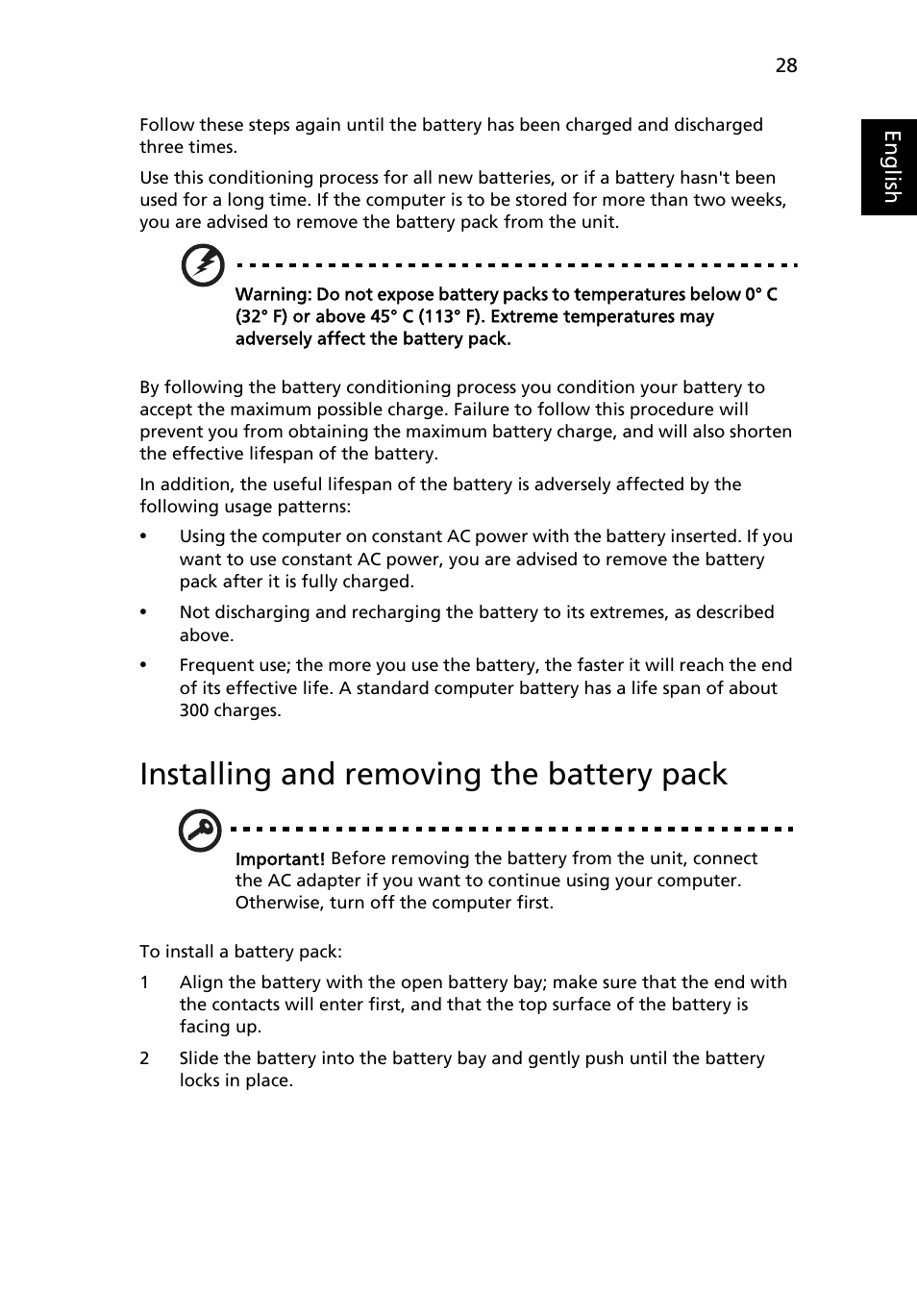 Installing and removing the battery pack | Acer TravelMate 4750 User Manual | Page 48 / 2286