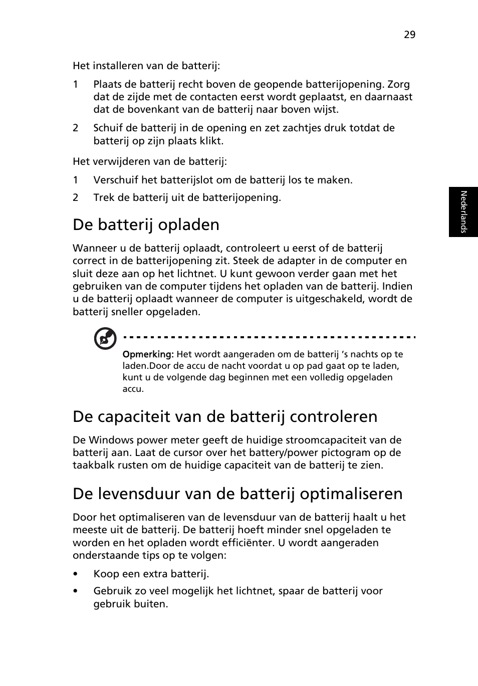 De batterij opladen, De capaciteit van de batterij controleren, De levensduur van de batterij optimaliseren | Acer TravelMate 4750 User Manual | Page 497 / 2286