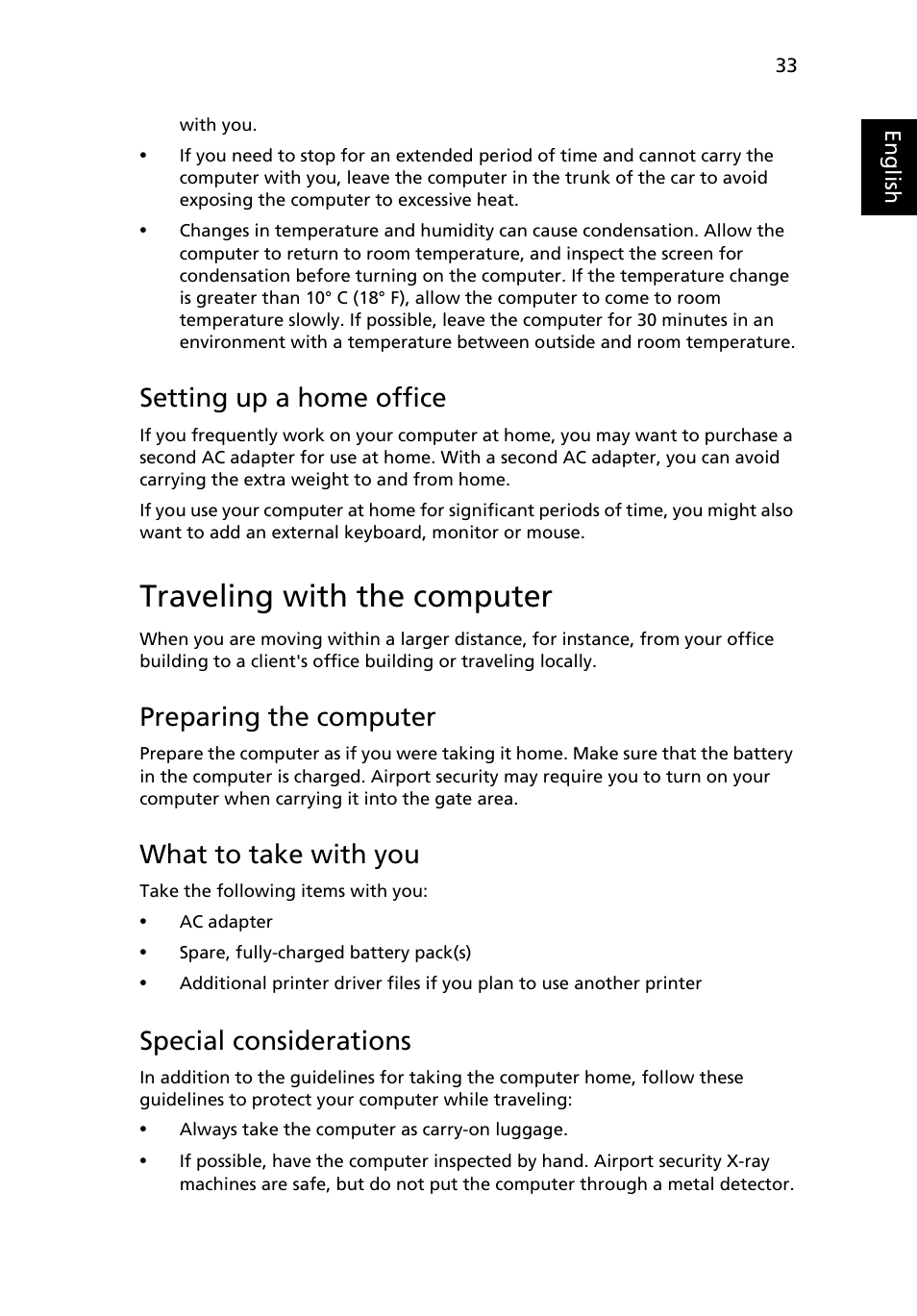 Traveling with the computer, Setting up a home office, Preparing the computer | What to take with you, Special considerations | Acer TravelMate 4750 User Manual | Page 53 / 2286