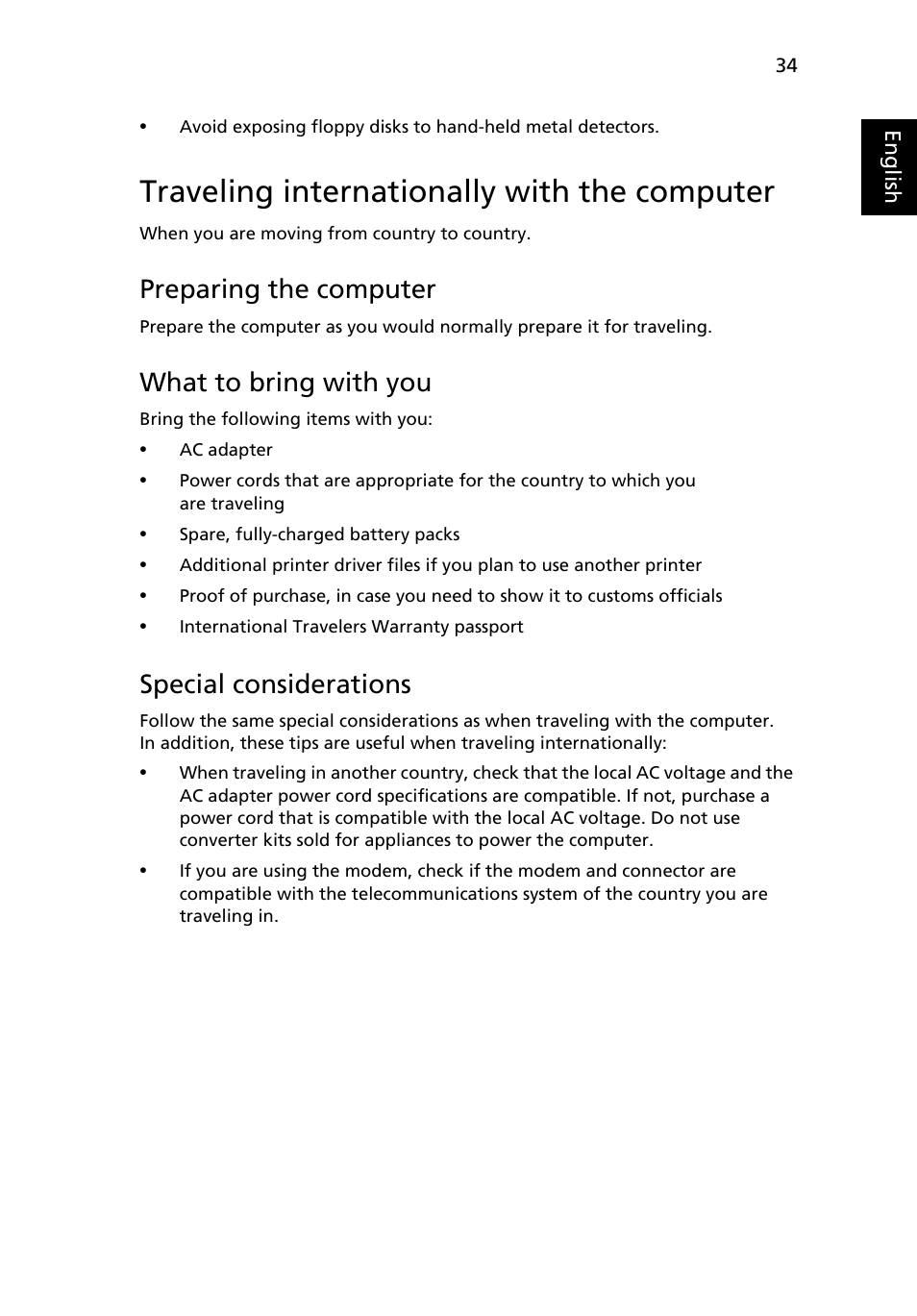 Traveling internationally with the computer, Preparing the computer, What to bring with you | Special considerations | Acer TravelMate 4750 User Manual | Page 54 / 2286