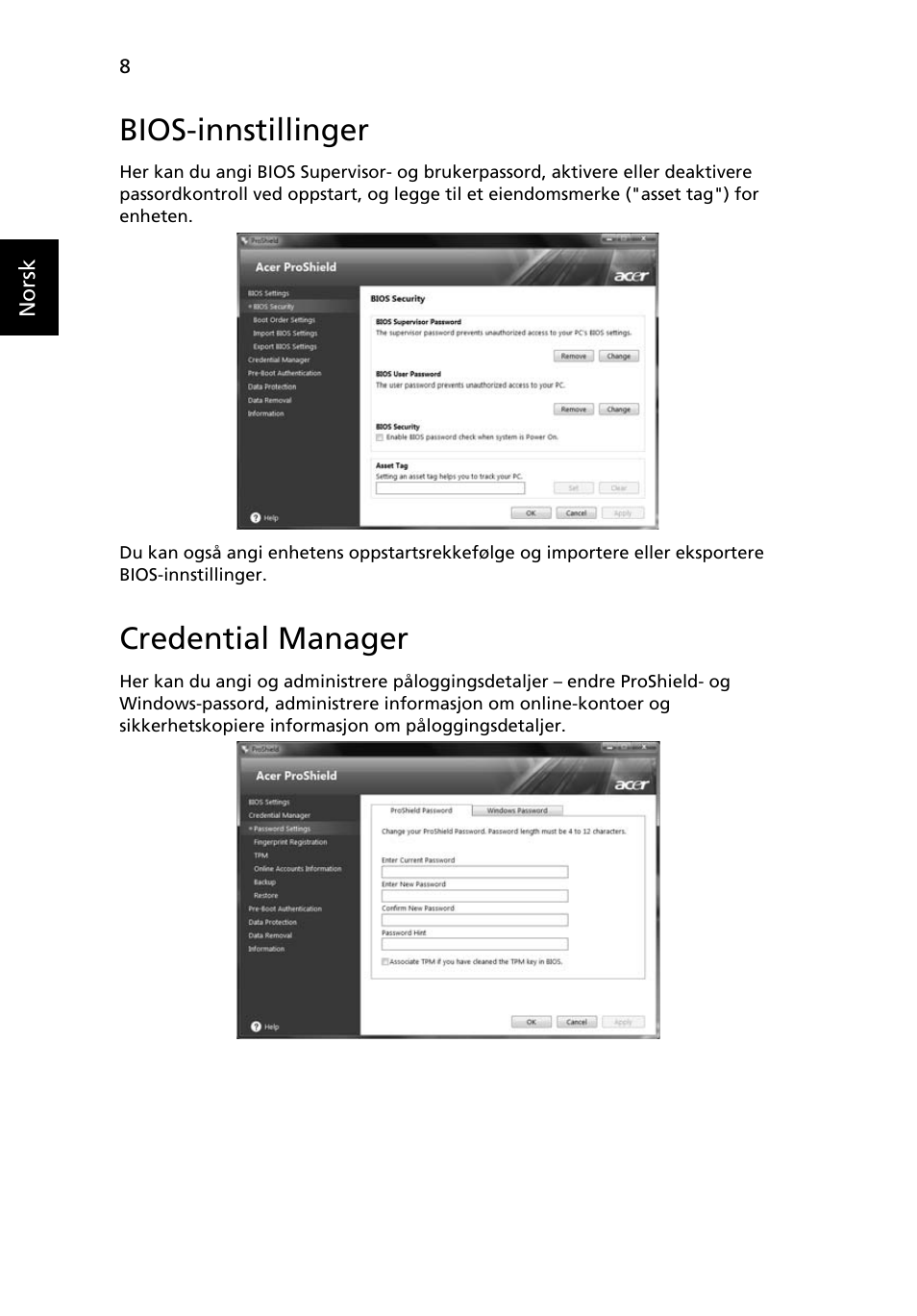 Bios-innstillinger, Credential manager | Acer TravelMate 4750 User Manual | Page 550 / 2286